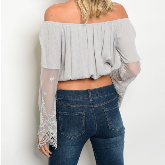 ❗️CLOSING SALE❗️Gray Off Shoulder Crochet/Lace Top - Picture 3 of 3